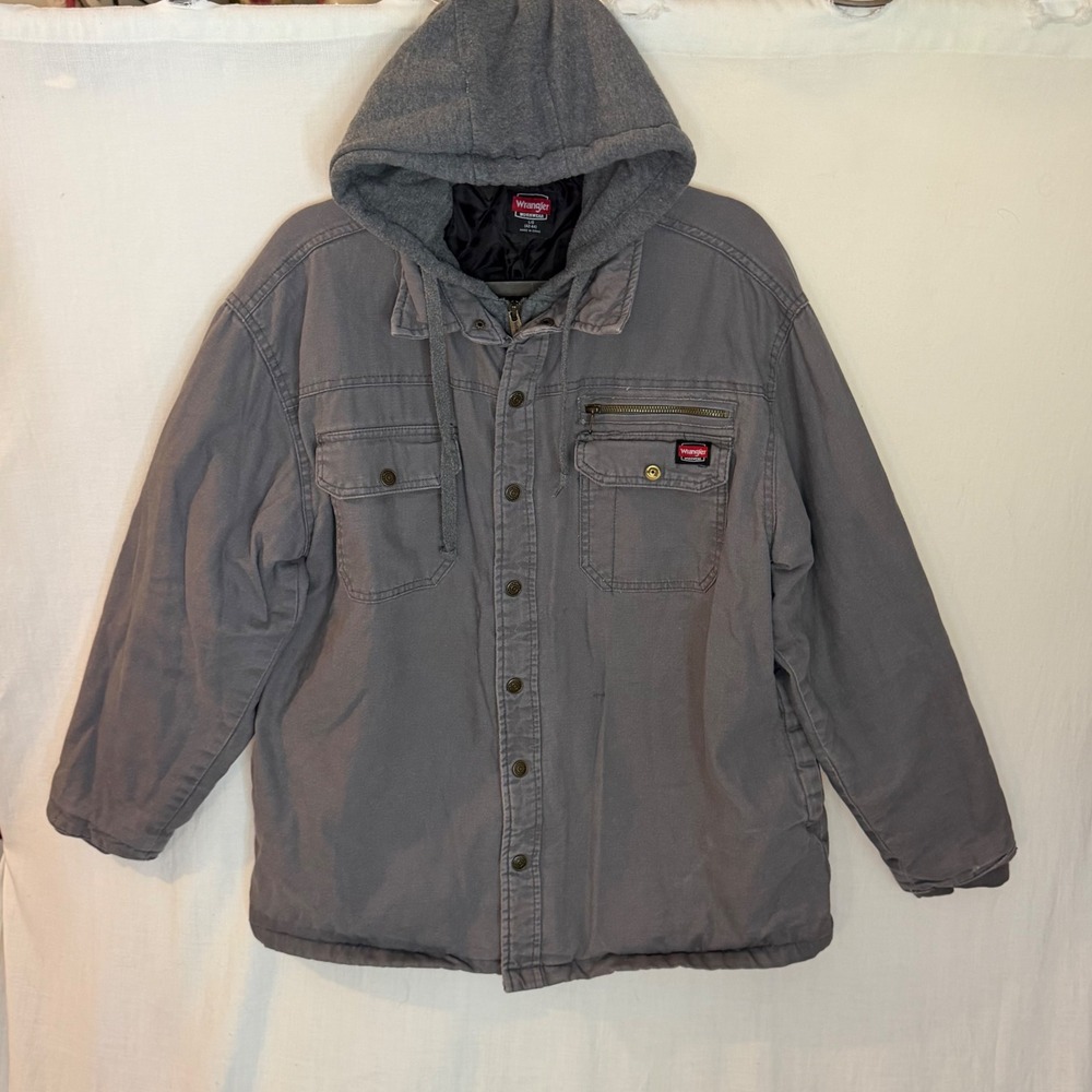 Wrangler Workwear Mens Gray Hooded Canvas Shirt Jacket Quilted Lined Large